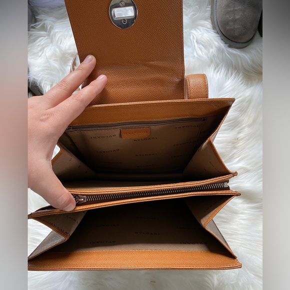 Bvlgari Womens Leather Turnlock Accordion Shoulder Satchel Bag Handbag Cognac - Picture 11 of 14